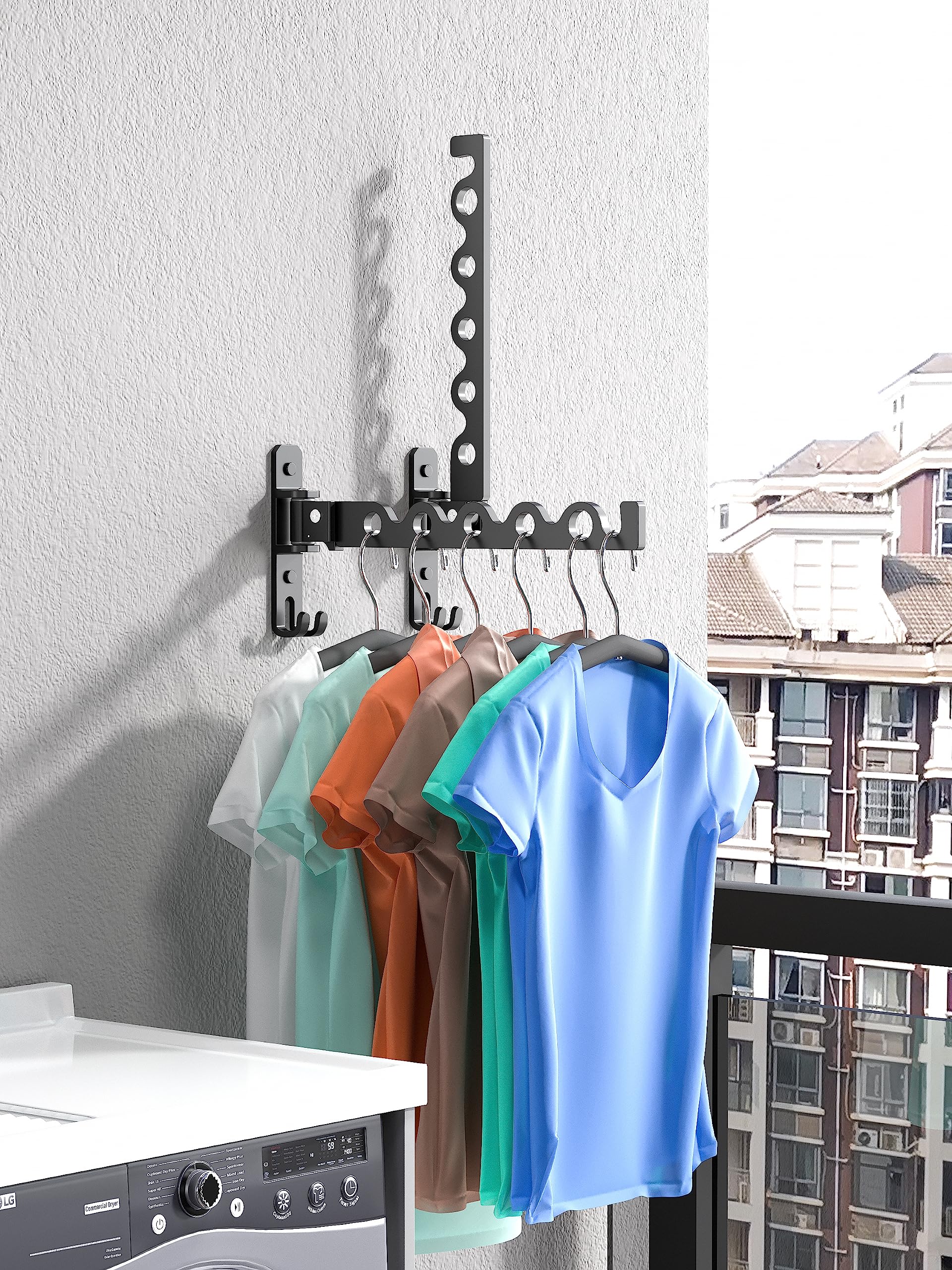 Dr.DJ multi-angle hanger keeps laundry organized in small spaces.
