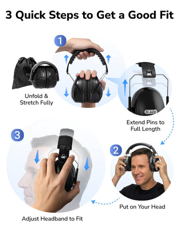 Foldable design and included pouch for easy travel with Dr.meter earmuffs.