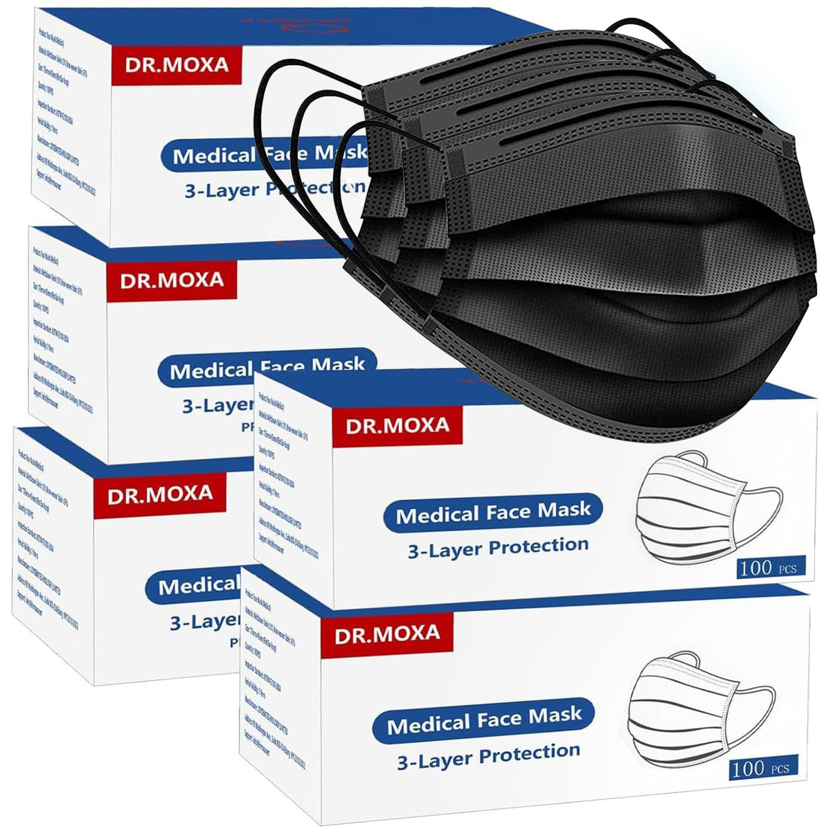 DR.MOXA black 3-ply disposable mask with a 500-pack for daily wear.