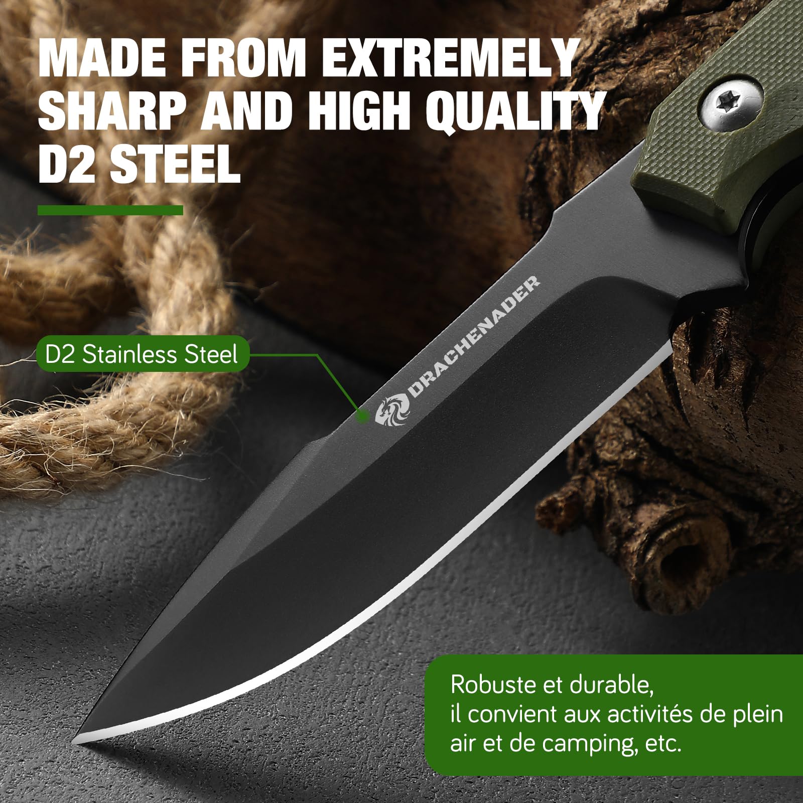 Drachenader D2 steel blade close-up showing edge durability.