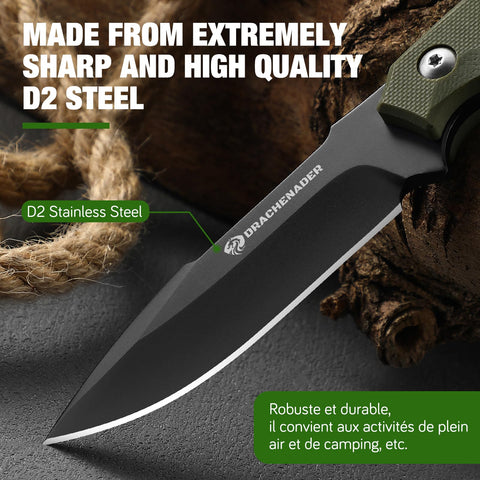 Drachenader D2 steel blade close-up showing edge durability.
