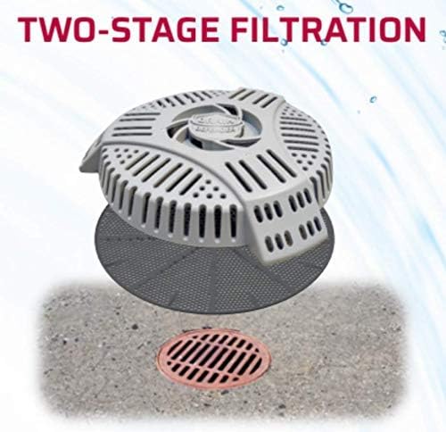 Inner perforated screen catches fine debris before flow.