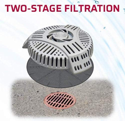 Inner perforated screen catches fine debris before flow.