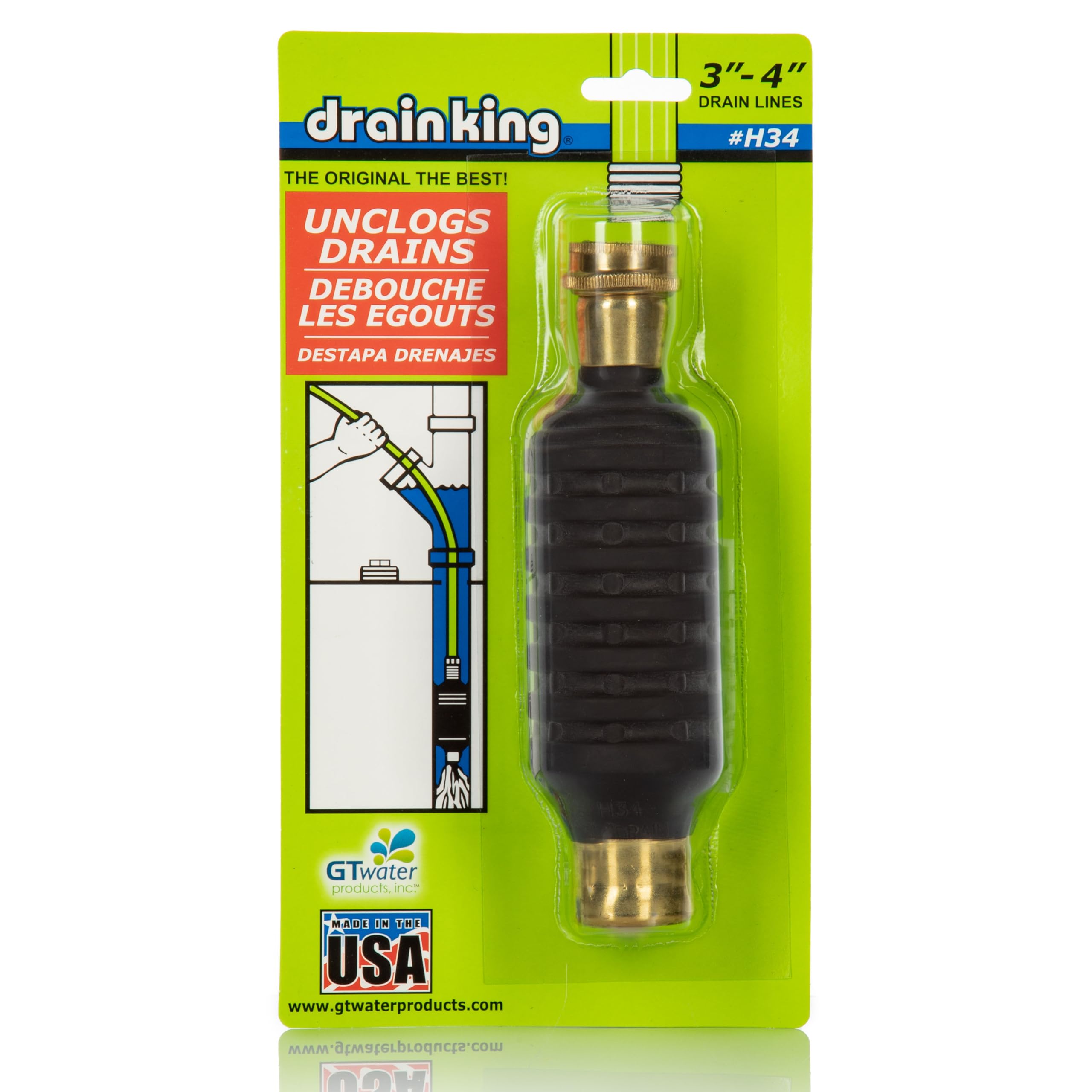 Drain King H34 water-pulse-clean action clears blockages in main lines.
