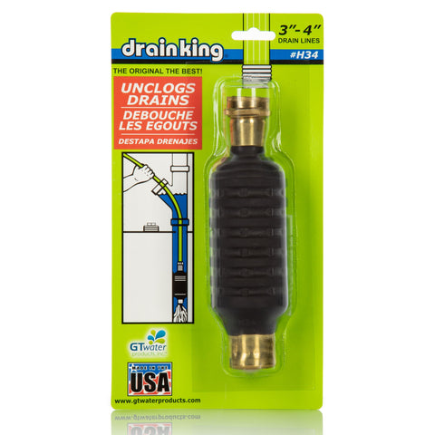 Drain King H34 water-pulse-clean action clears blockages in main lines.