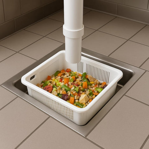 Drain-Net floor sink basket installed in a kitchen sink.