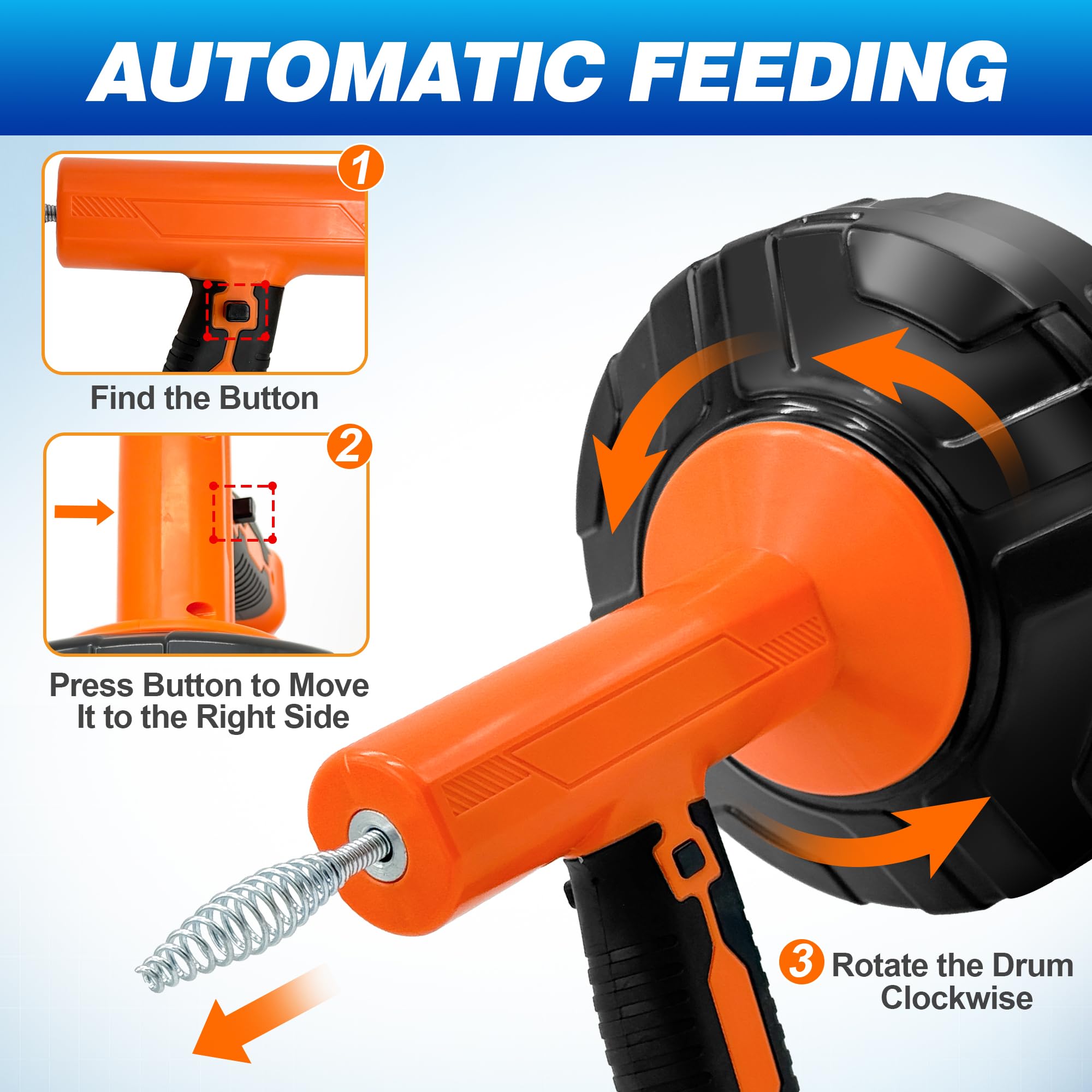 Drainsoon auto feed drain auger 33-foot cable reaches deep into pipes