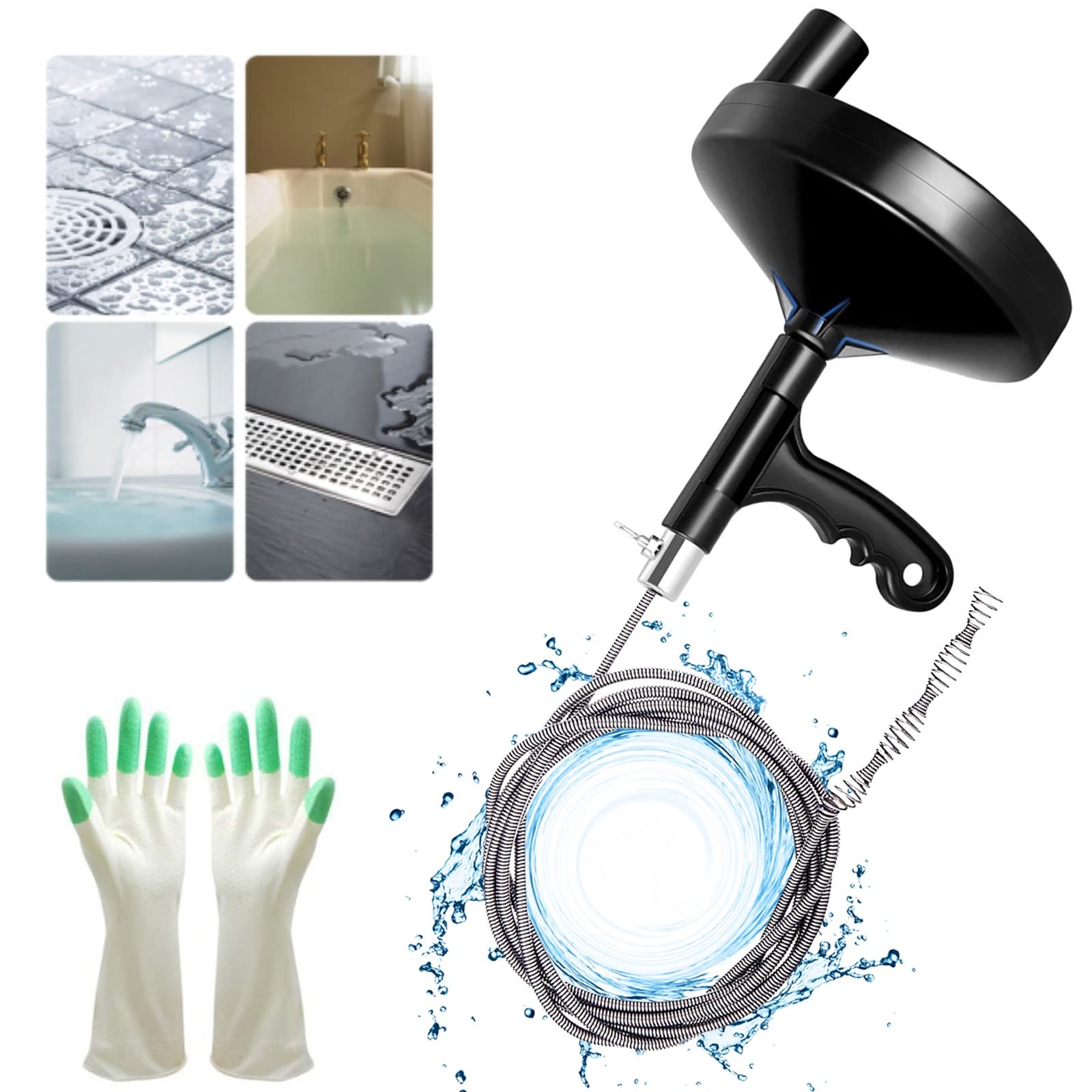 Drainsoon drain auger 25ft with gloves easing initial unclogging tasks.