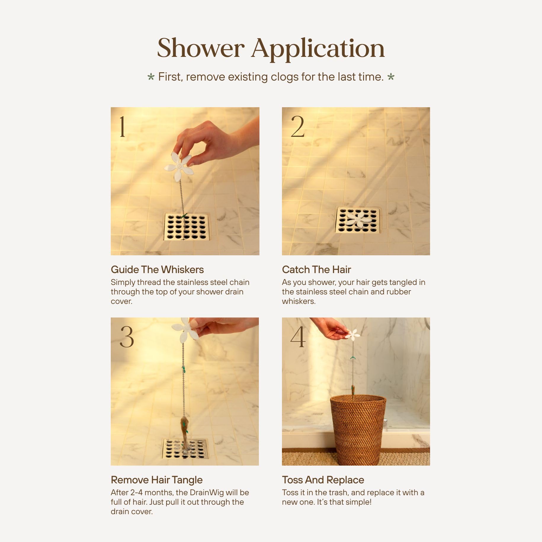 Disposable hair catcher for quick, hygienic cleanup after shower.