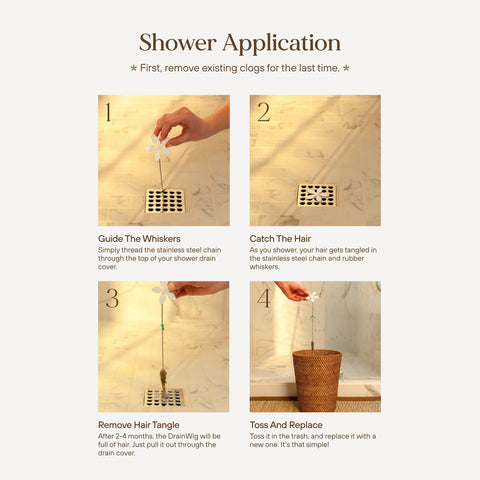 Disposable hair catcher for quick, hygienic cleanup after shower.