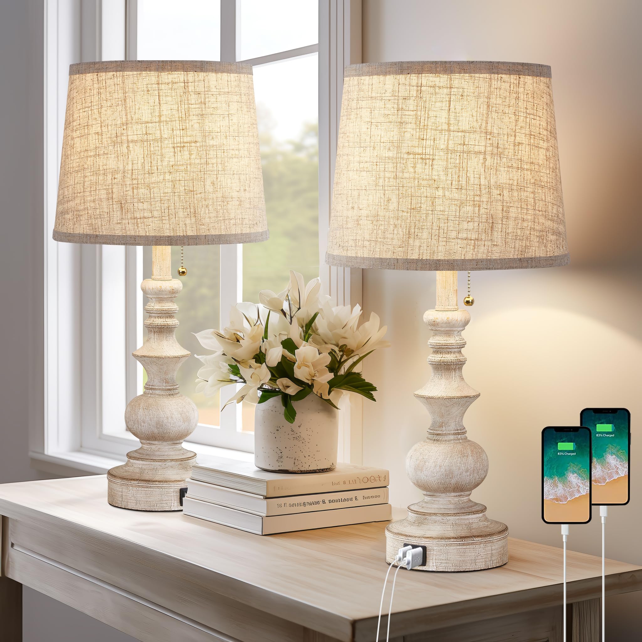 Drawealth farmhouse table lamps set of 2 with rustic resin bodies for warm bedrooms.