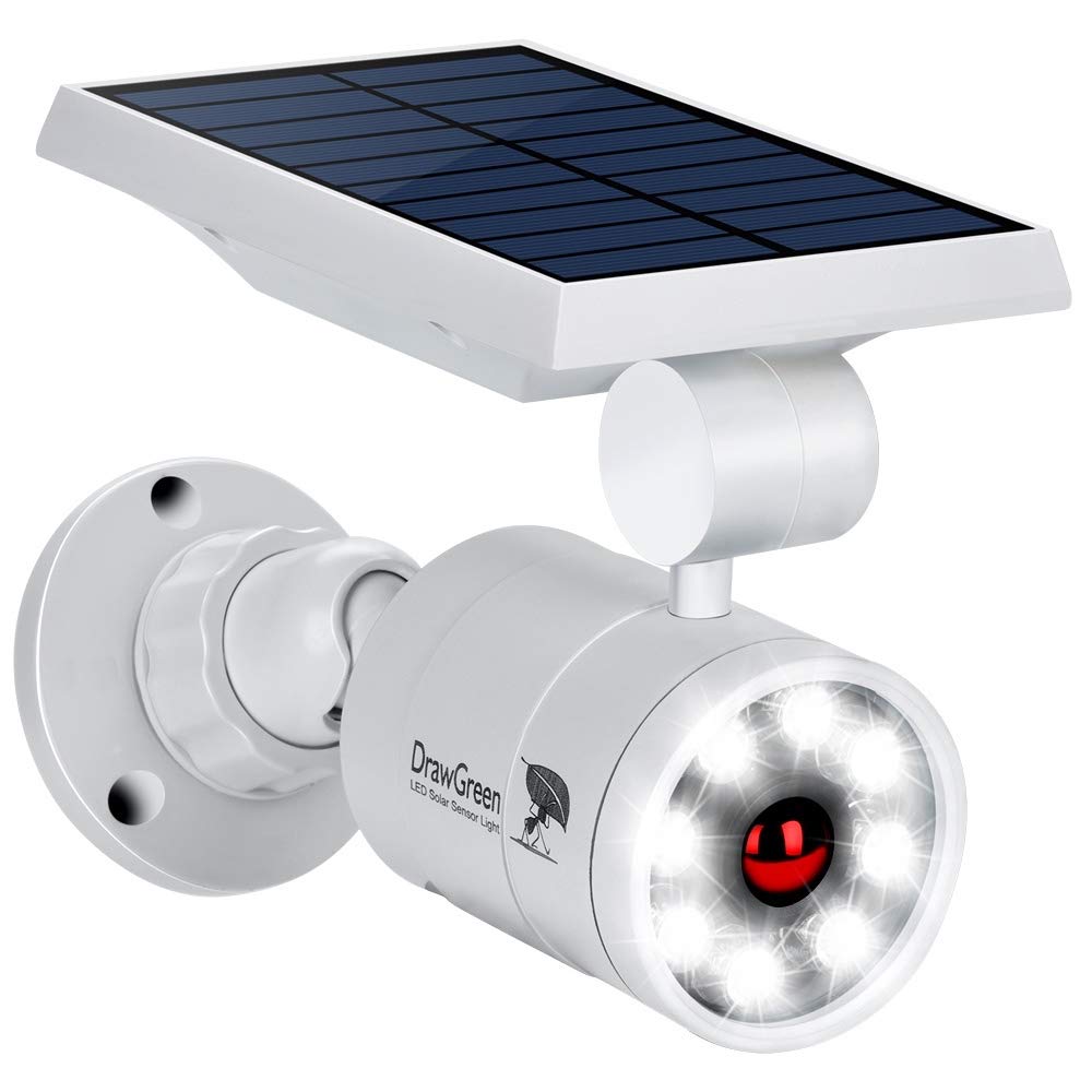 DrawGreen solar motion lights front view shows rugged aluminum body for outdoor security.