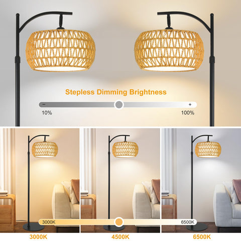 DRAWNCAT Boho Rattan Floor Lamp arc design creates a modern farmhouse focal point.