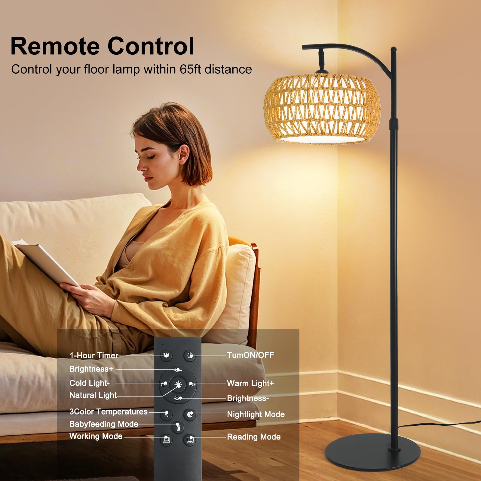 DRAWNCAT Boho Rattan Floor Lamp color temperature control from warm to bright.