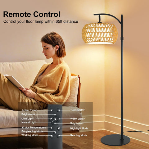 DRAWNCAT Boho Rattan Floor Lamp color temperature control from warm to bright.