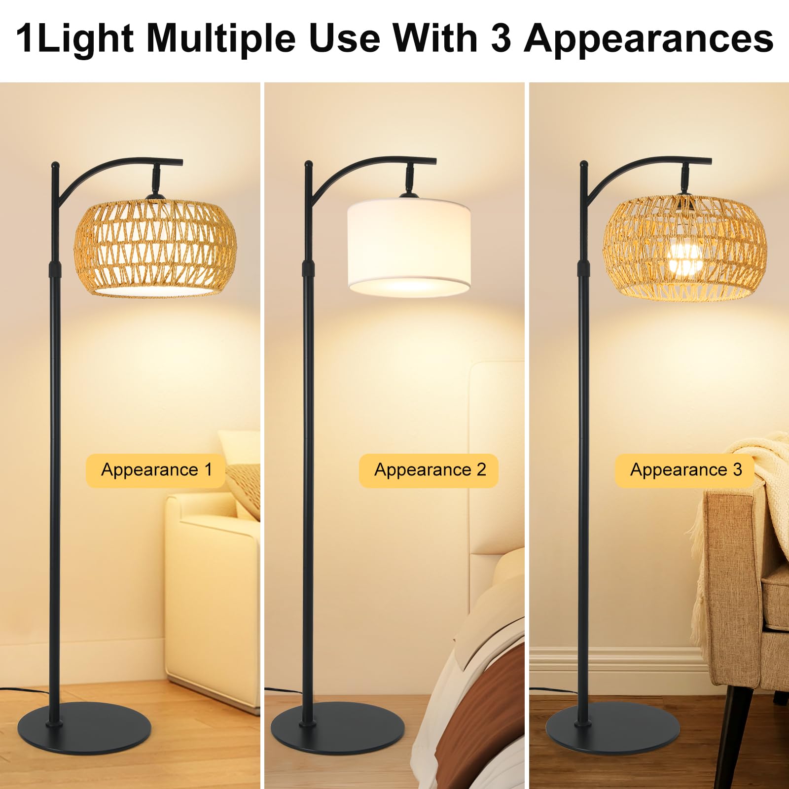 DRAWNCAT Boho Rattan Floor Lamp detachable shades offer versatile lighting styles.