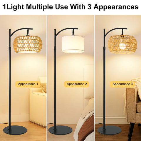 DRAWNCAT Boho Rattan Floor Lamp detachable shades offer versatile lighting styles.