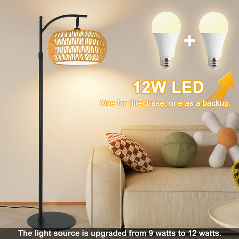 DRAWNCAT Boho Rattan Floor Lamp ideal for living rooms and bedrooms.