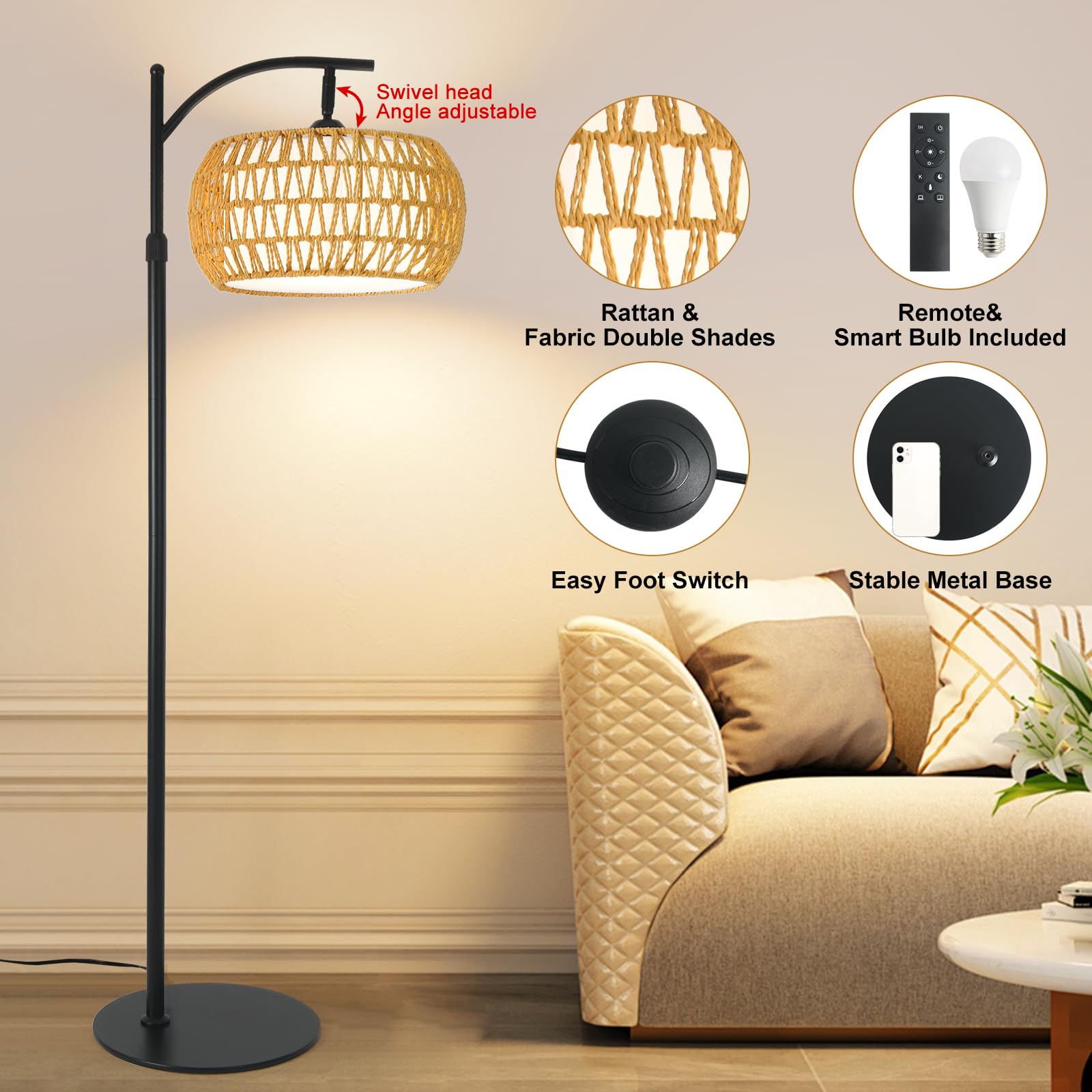 DRAWNCAT Boho Rattan Floor Lamp remote control enables quick brightness and color changes.