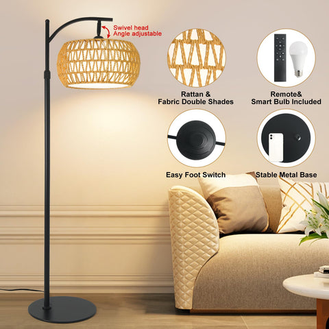 DRAWNCAT Boho Rattan Floor Lamp remote control enables quick brightness and color changes.