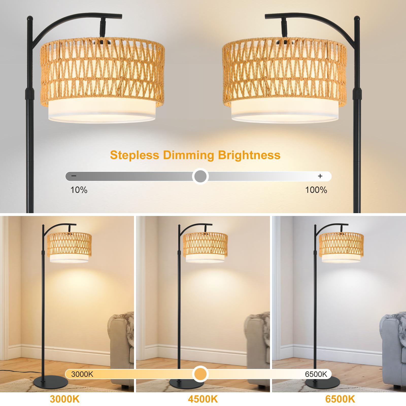 DRAWNCAT Bohemian Rattan Floor Lamp arc design provides elegant ambiance and wide light reach.