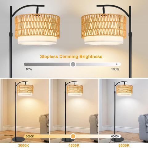 DRAWNCAT Bohemian Rattan Floor Lamp arc design provides elegant ambiance and wide light reach.