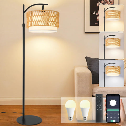 DRAWNCAT Bohemian Rattan Floor Lamp base shows stable cast-iron foundation for steady support.