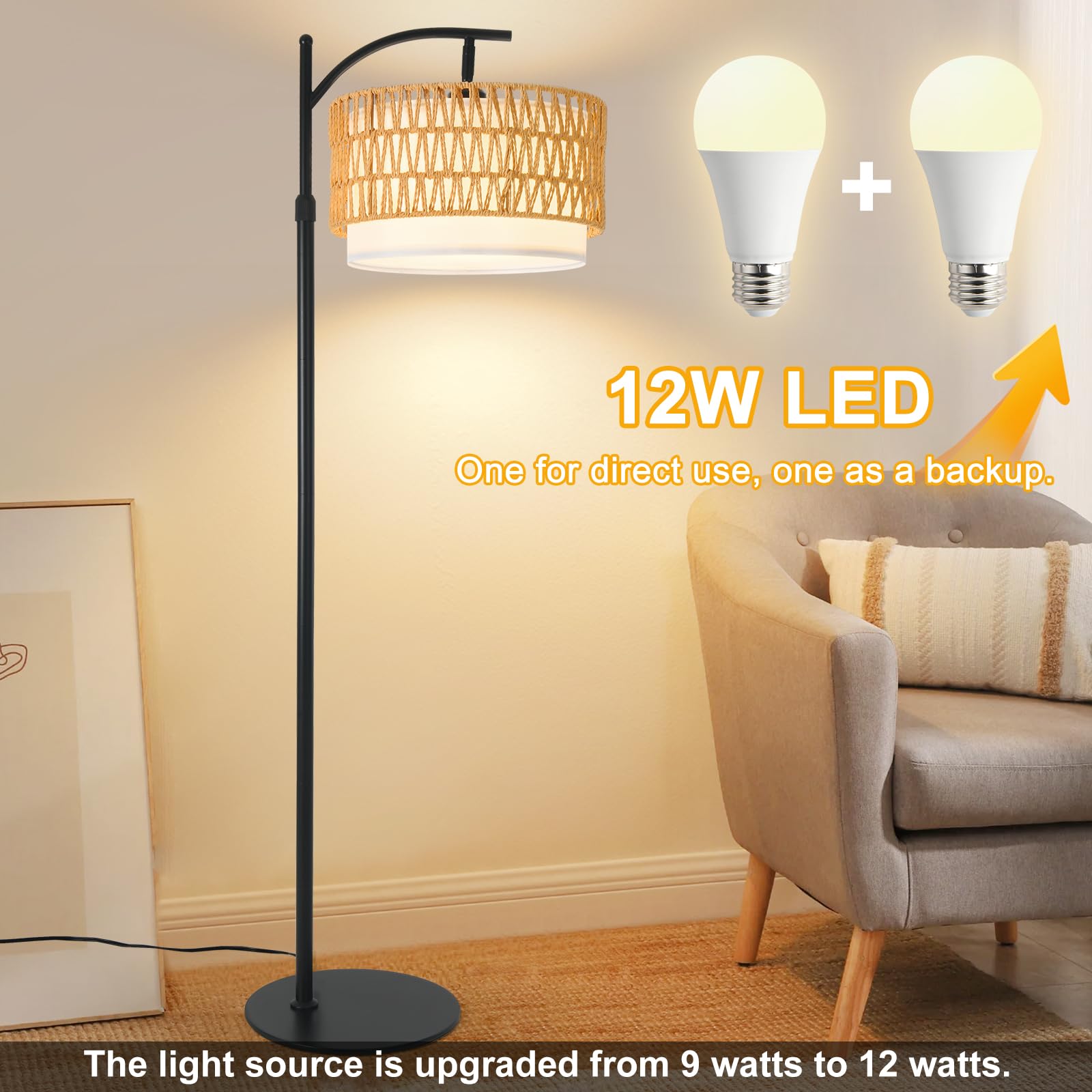 DRAWNCAT Bohemian Rattan Floor Lamp includes slip-resistant glove to protect surfaces.