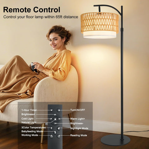 DRAWNCAT Bohemian Rattan Floor Lamp height adjustment accommodates sofa, bed, or desk use.