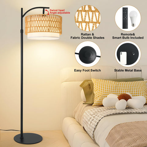 DRAWNCAT Bohemian Rattan Floor Lamp adjustable light shield reduces glare for eye comfort.