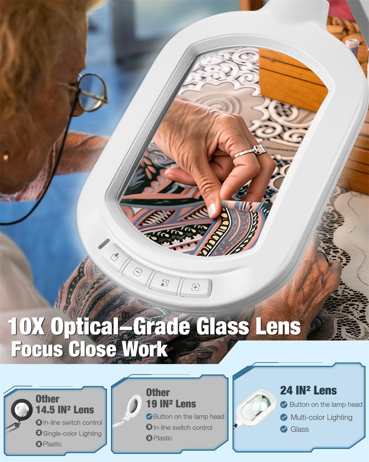 Drdefi magnifying lamp on a rolling base for easy mobility across surfaces.