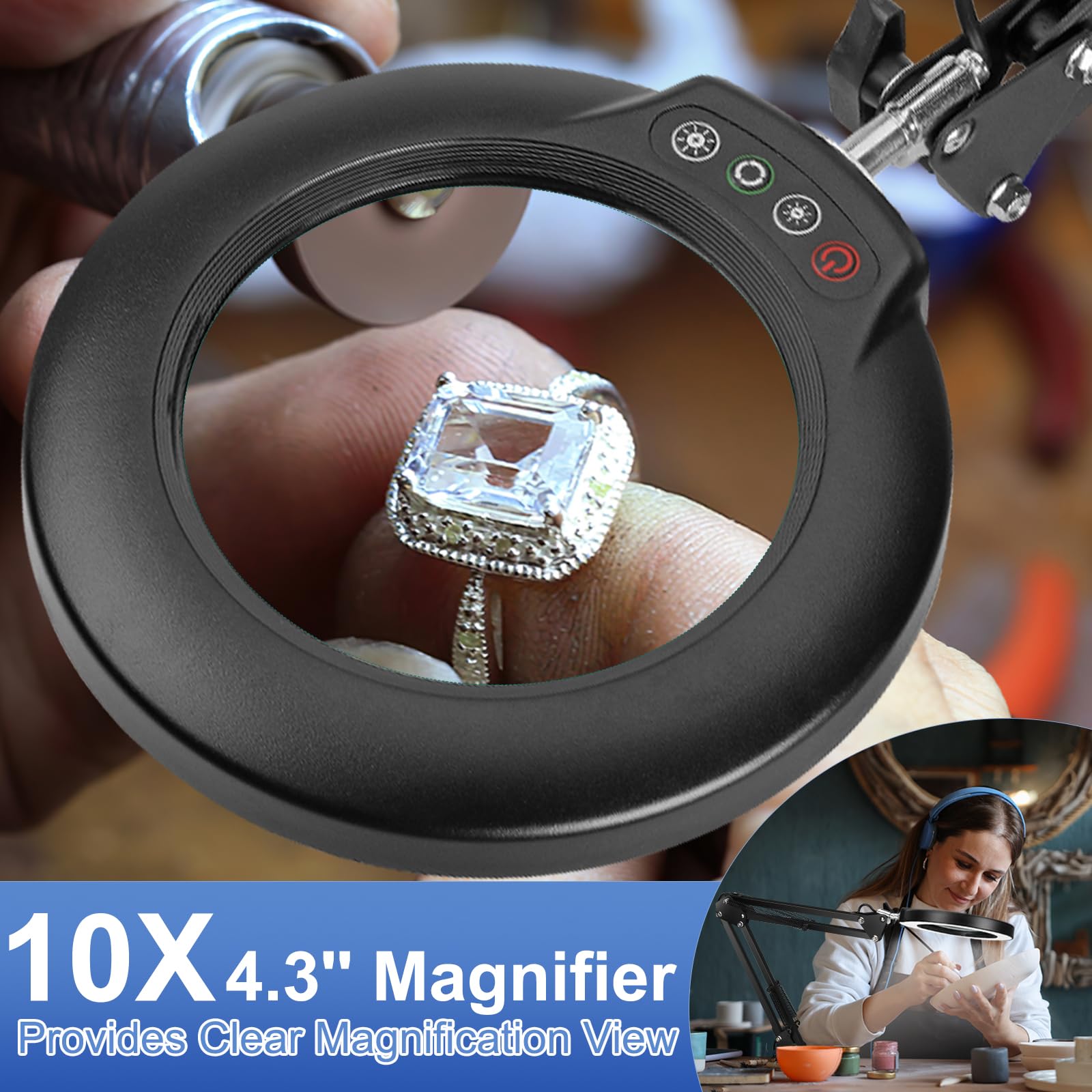 Drdefi 10x magnifying lamp clarifies tiny components during assembly.