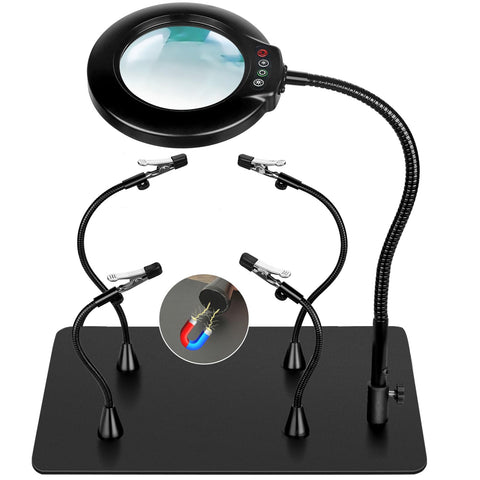 Drdefi Soldering Helping Hands with 10x magnifying lamp enables precise inspection.
