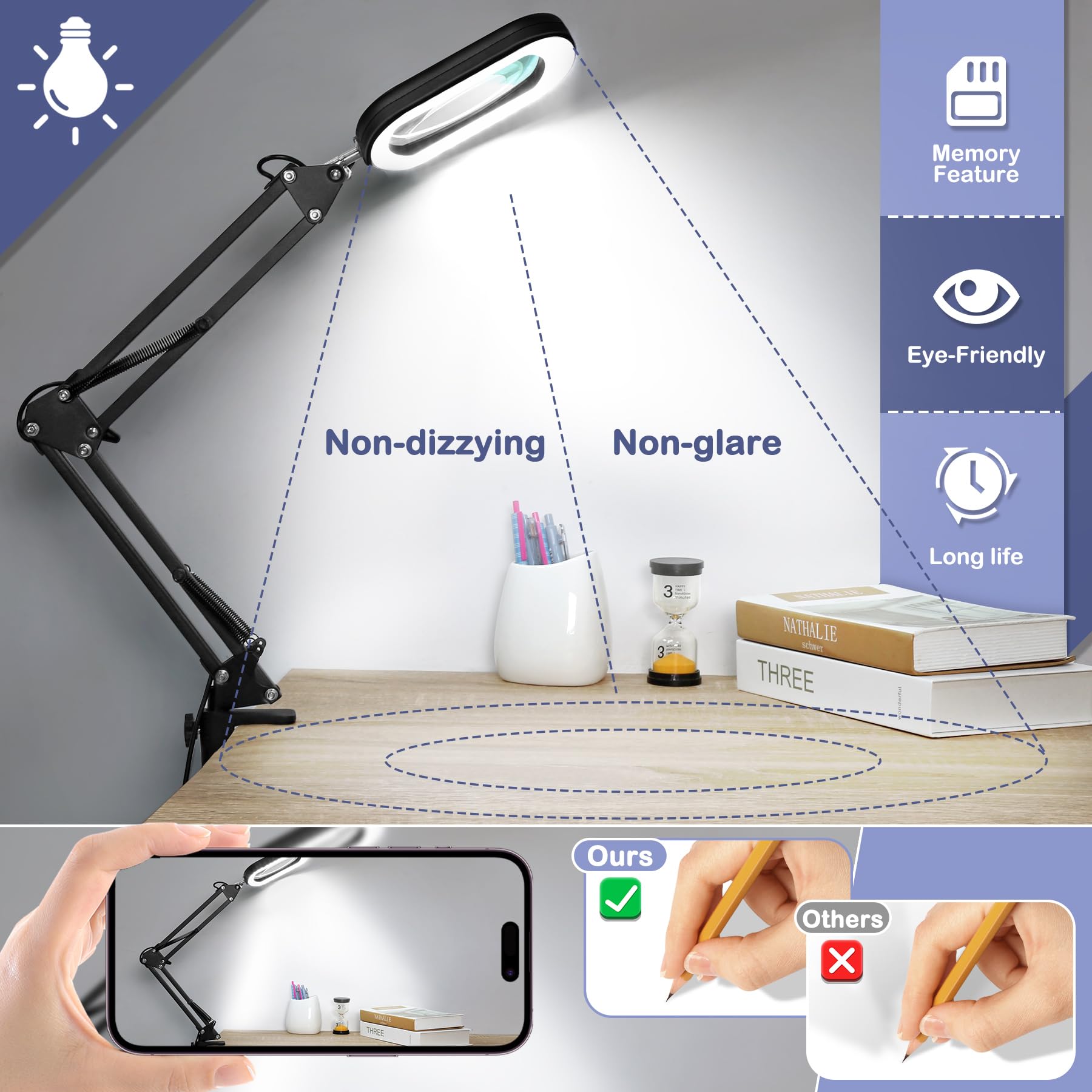 Drdefi swing-arm magnifier allows flexible angle alignment for close work.
