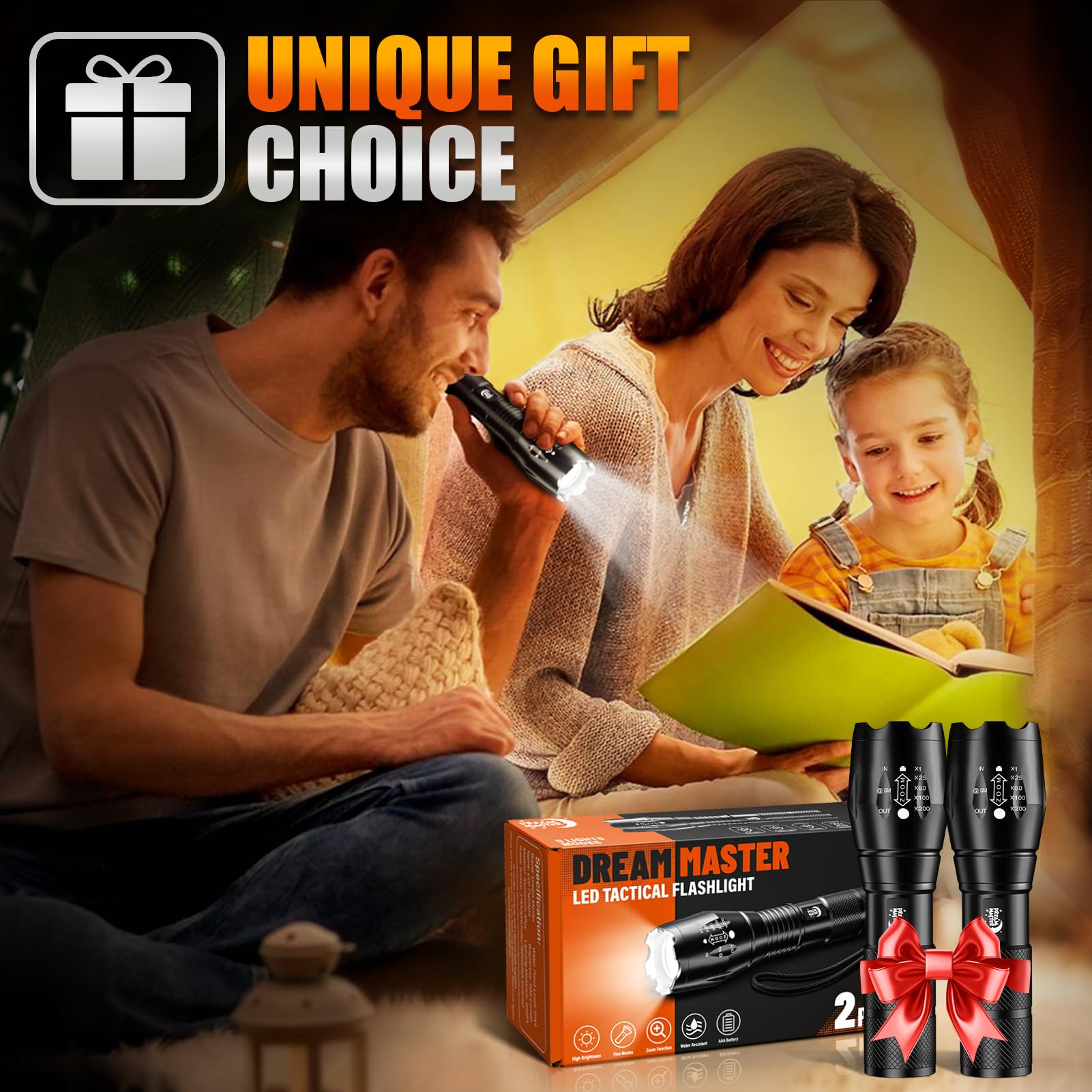 Dream Master five-modes flashlight shows high, mid, low, strobe, and SOS versatility.