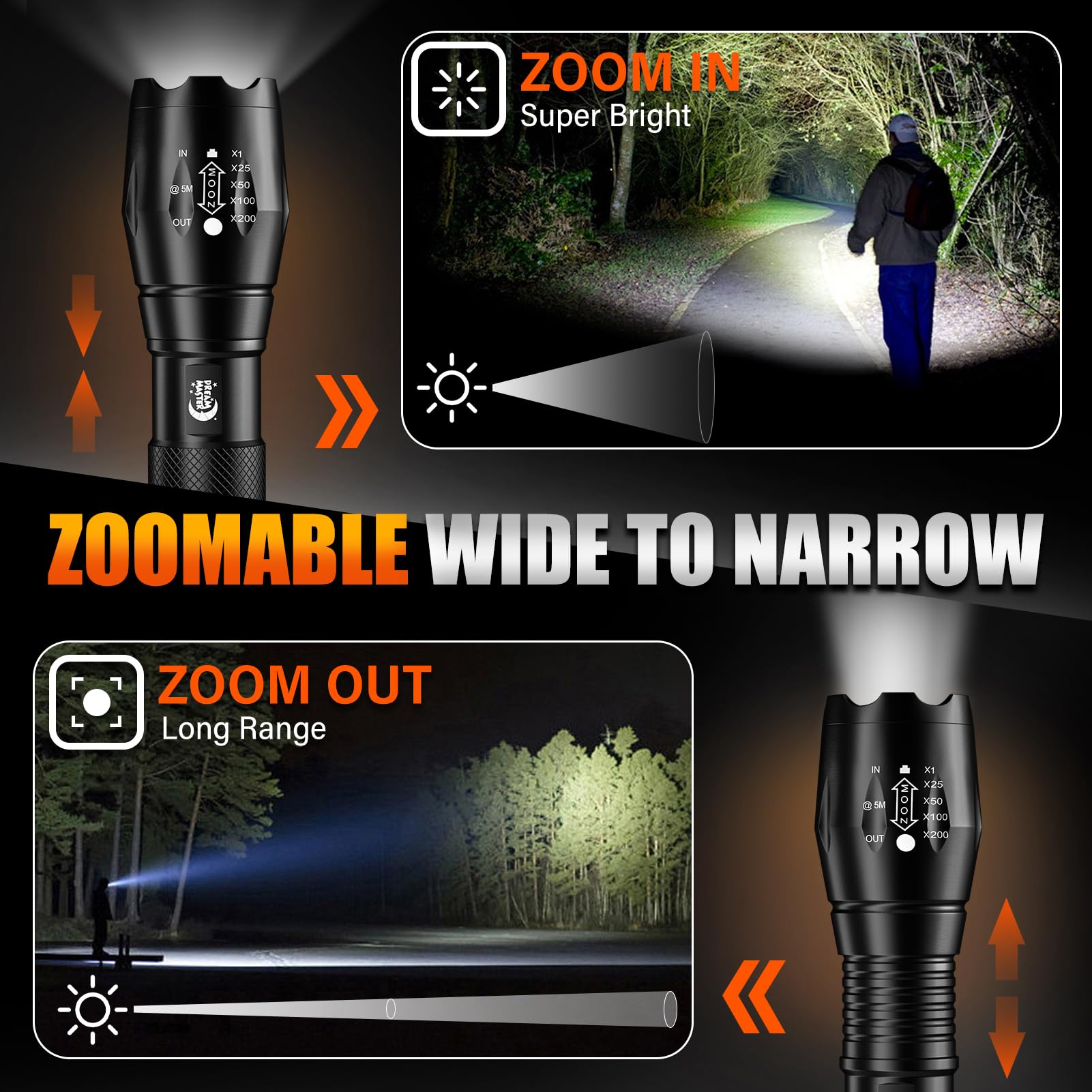 Dream Master flashlight zoom-beam demonstrates long-range visibility for night hikes.
