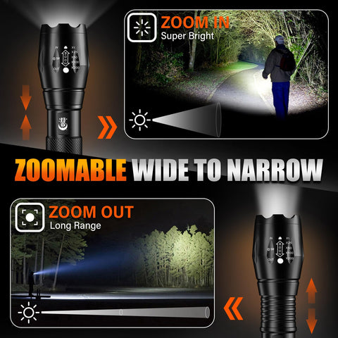 Dream Master flashlight zoom-beam demonstrates long-range visibility for night hikes.