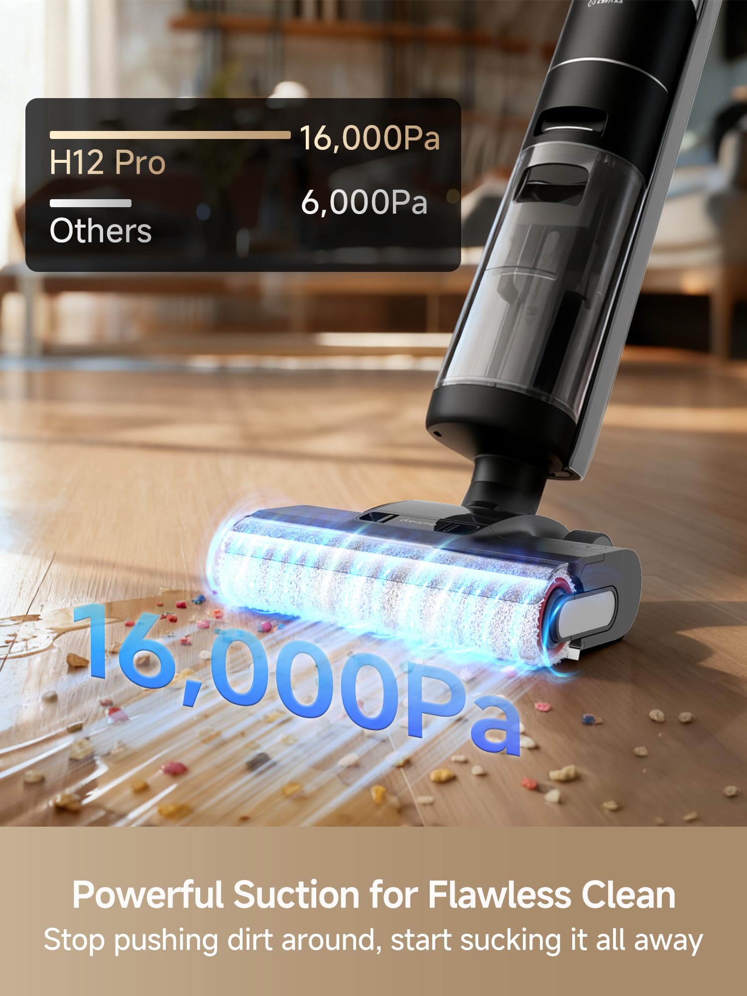 Dreame H12 Pro edge-to-edge cleaning reaches baseboards and corners.