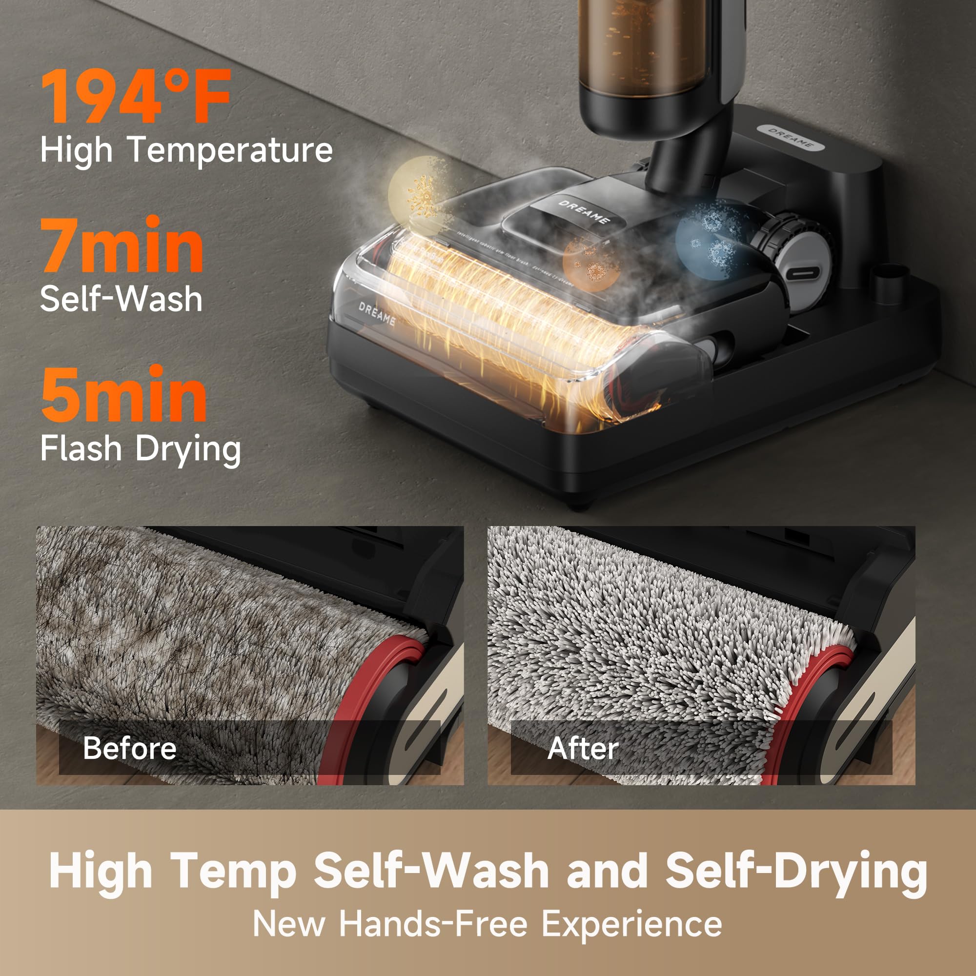 DREAME H12 Pro FlexReach 194f self-clean and dry brush cycle