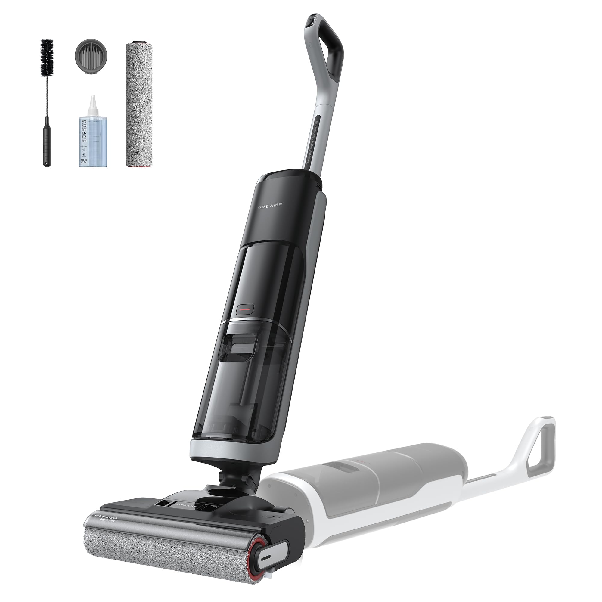 Dreame H14 demonstrating 180-degree lie-flat reach under furniture for dust removal
