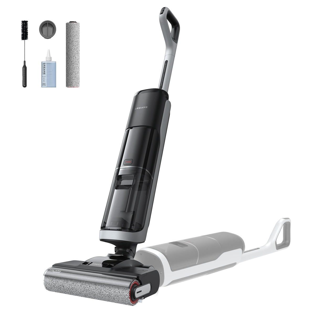 Dreame H14 demonstrating 180-degree lie-flat reach under furniture for dust removal