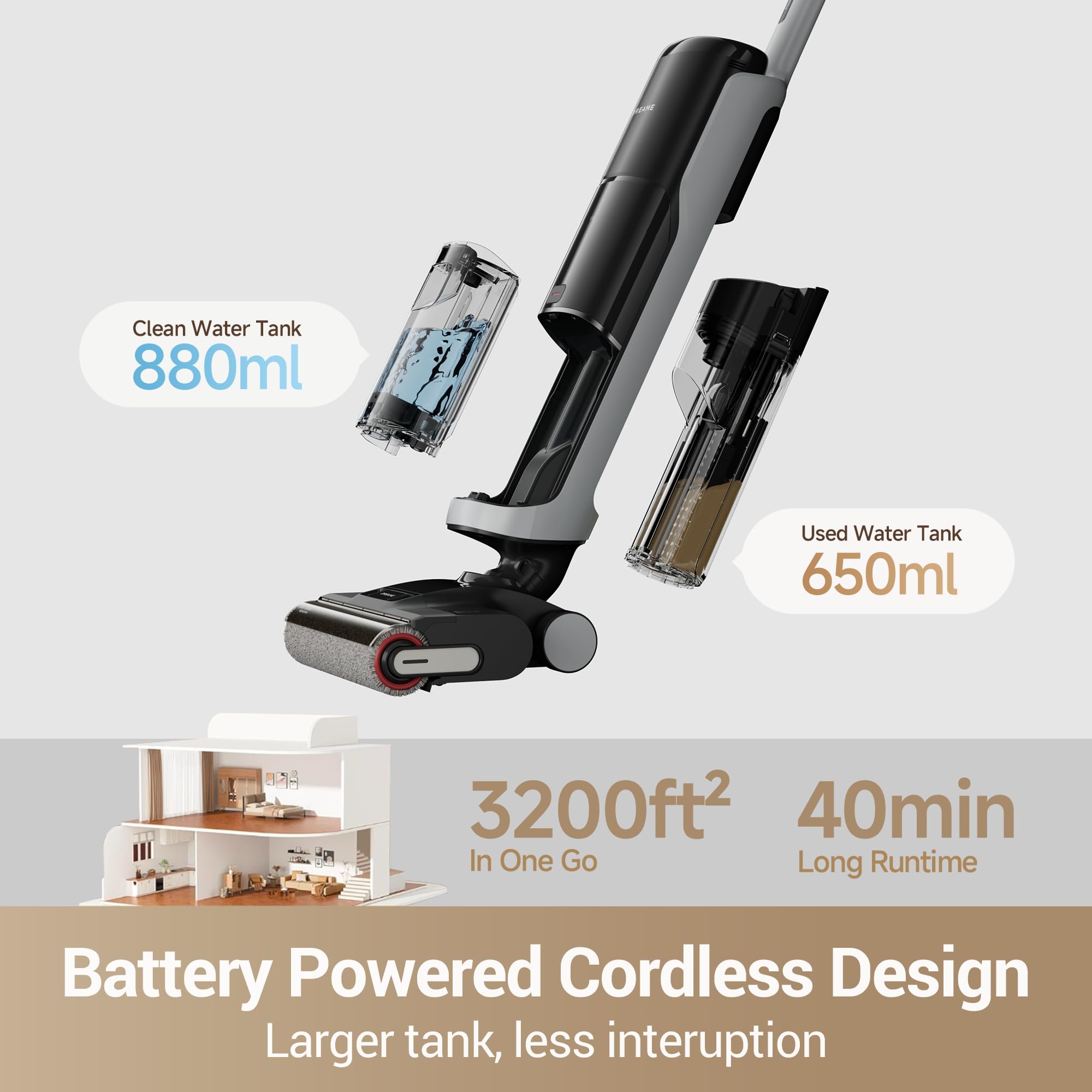 DREAME H14 Pro 880 ml water tank supports longer cleaning sessions.