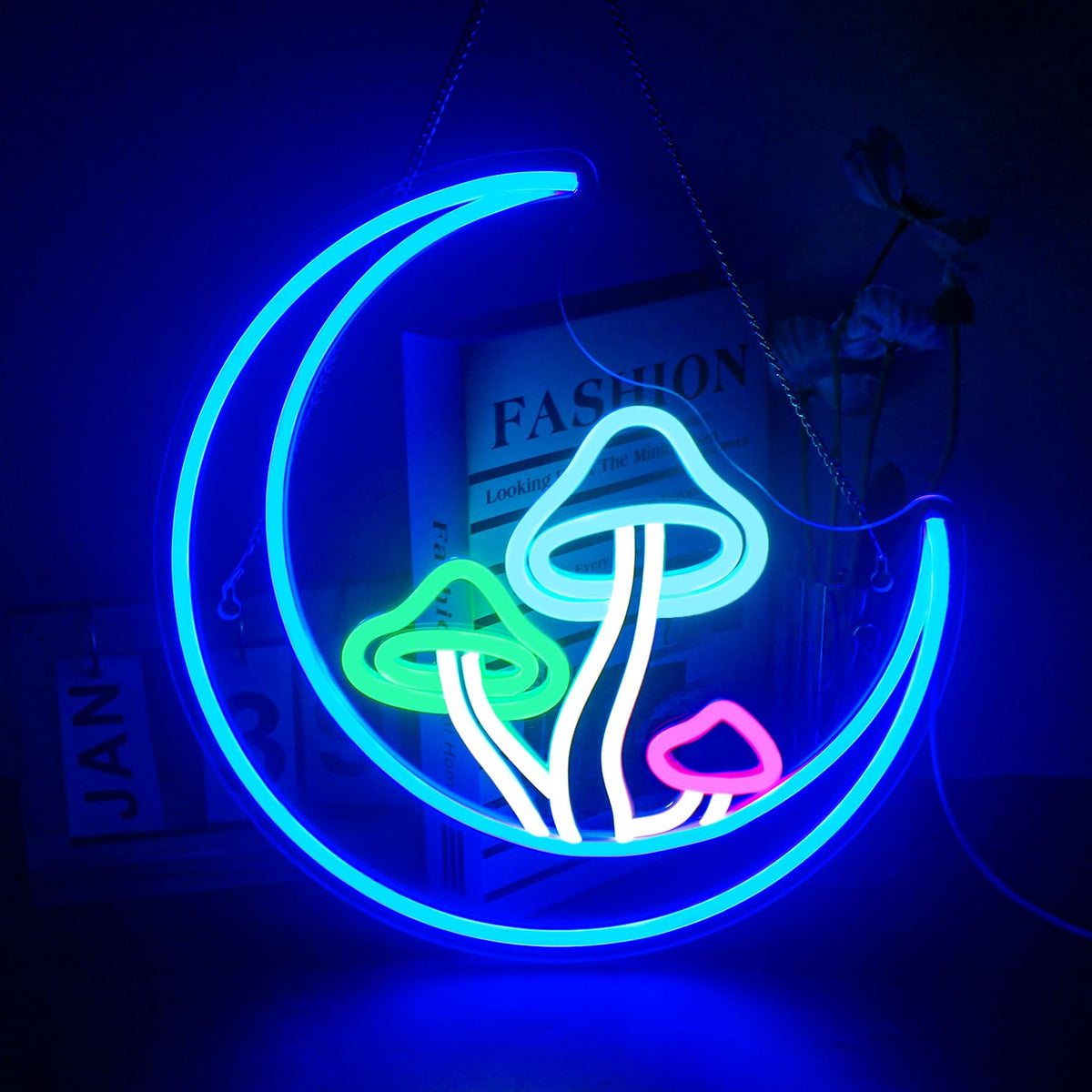DreamFORT Moon Mushroom Neon Sign with blue moon glow for cozy bedroom ambiance