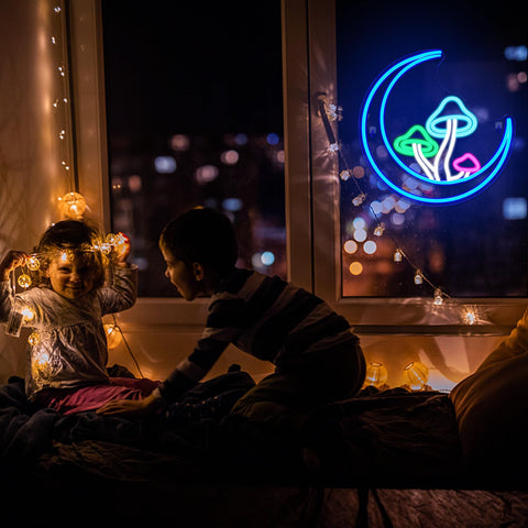 DreamFORT Moon Mushroom Neon with included hanging hardware for easy mounting