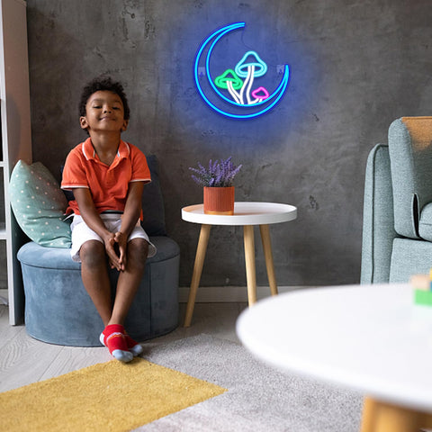 DreamFORT Moon Mushroom Neon Living Room Decor creates playful ambience for guests