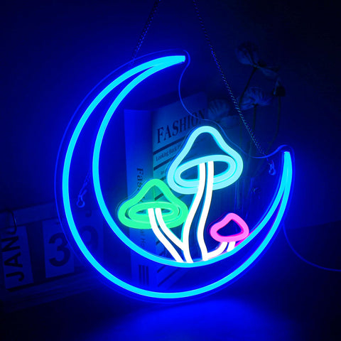 DreamFORT Moon Mushroom Neon Sign mounted on wall with hanging hardware