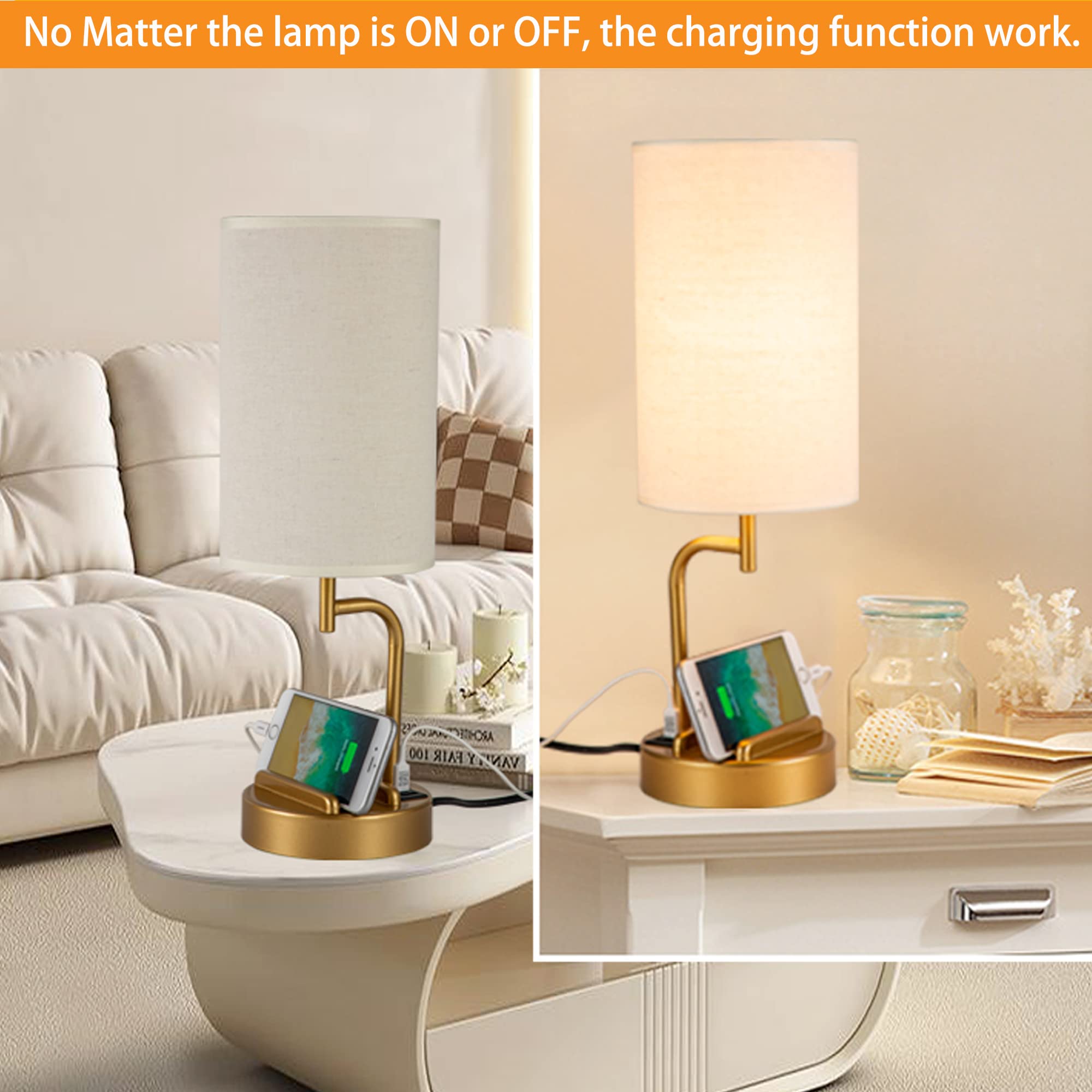 Dreamholder gold finish bedside lamp with AC outlet and modern style