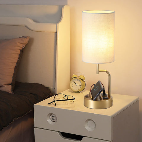 Dreamholder table lamp linen shade provides a soft reading glow.