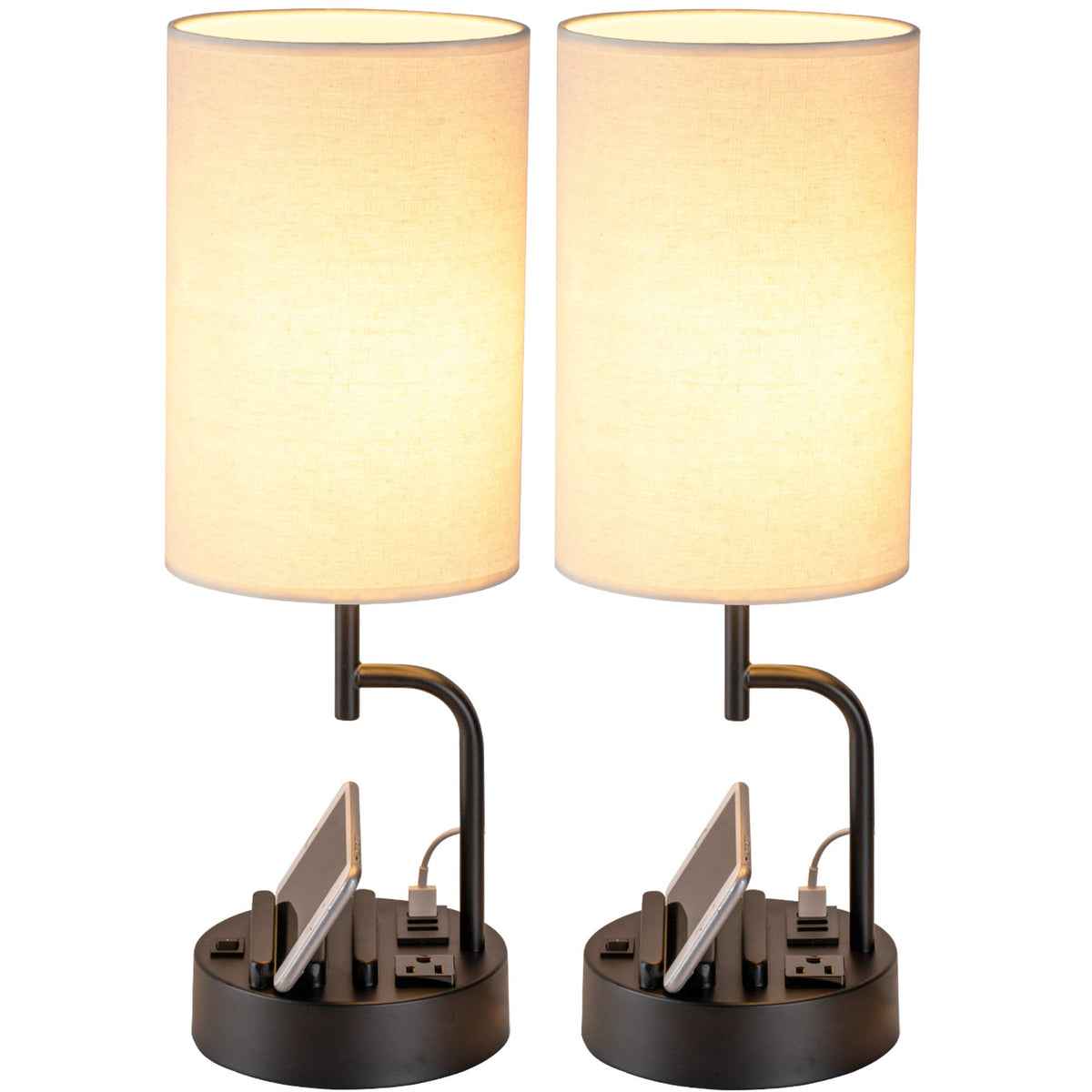 Dreamholder table lamp with USB ports and outlet for easy bedside charging.