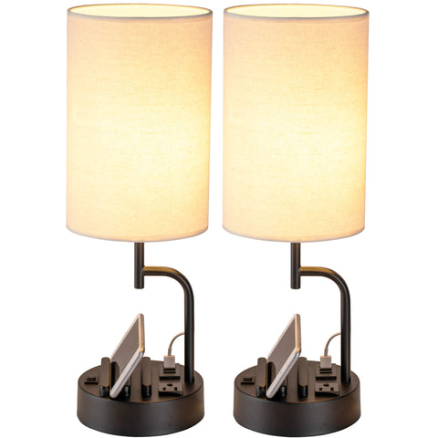 Dreamholder table lamp with USB ports and outlet for easy bedside charging.